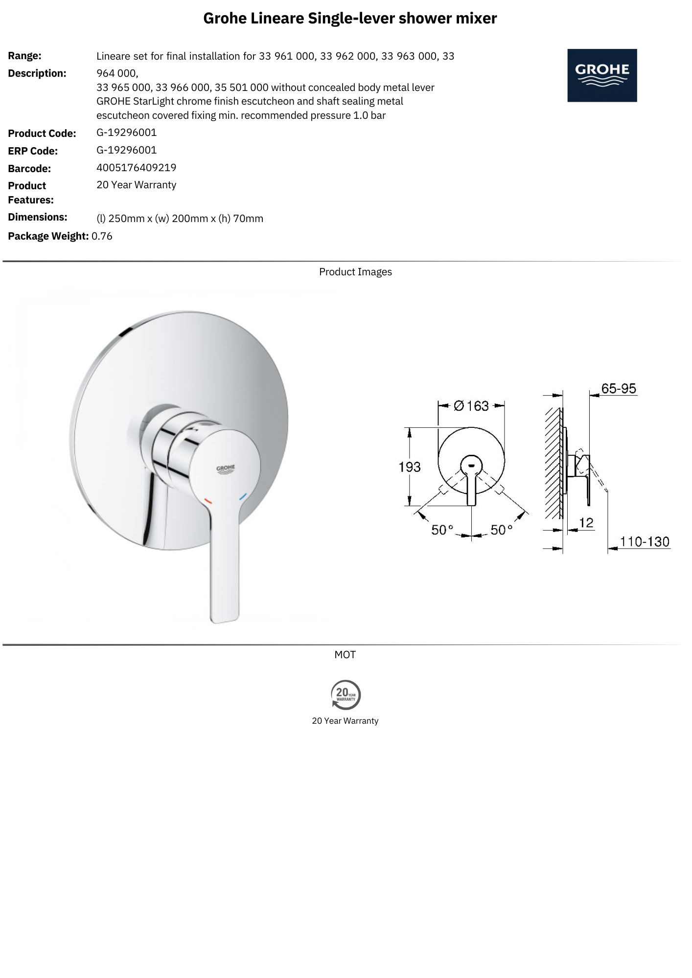 Grohe Linear Shower Mixer