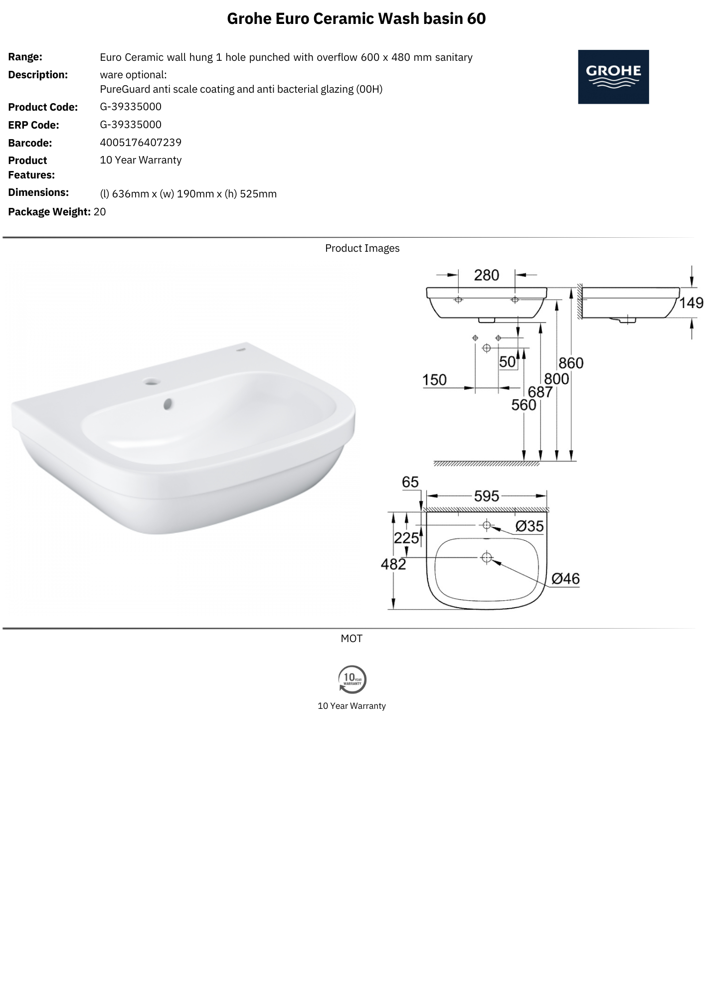 Euro Ceramic Wash Basin Wall Hung 60