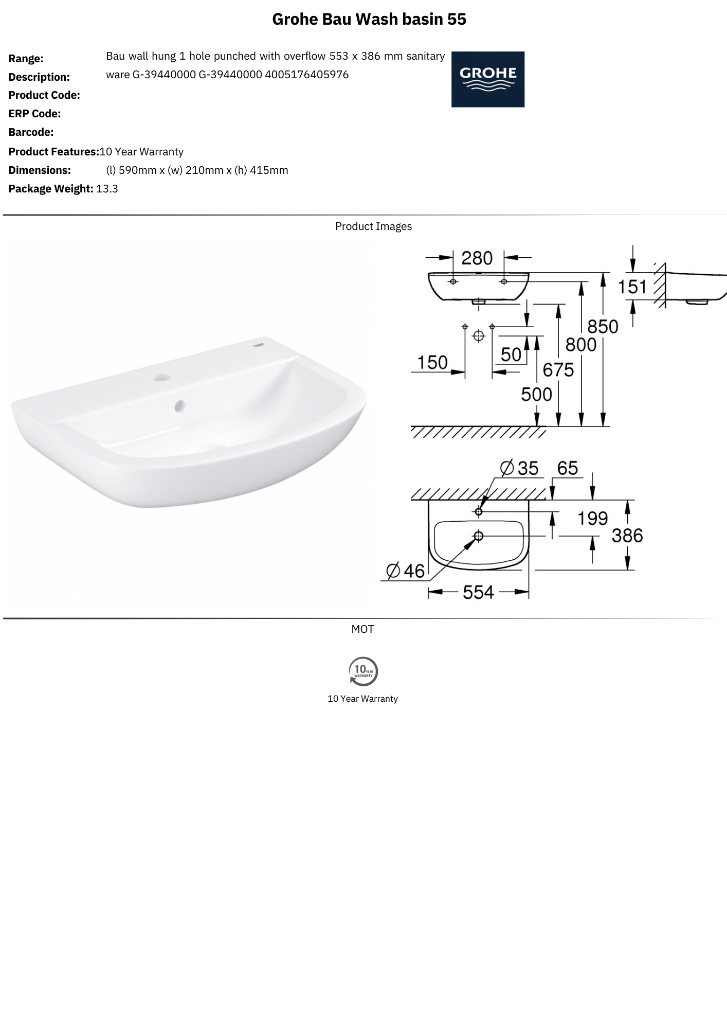 Bau Ceramic Wash Basin Wall Hung 55