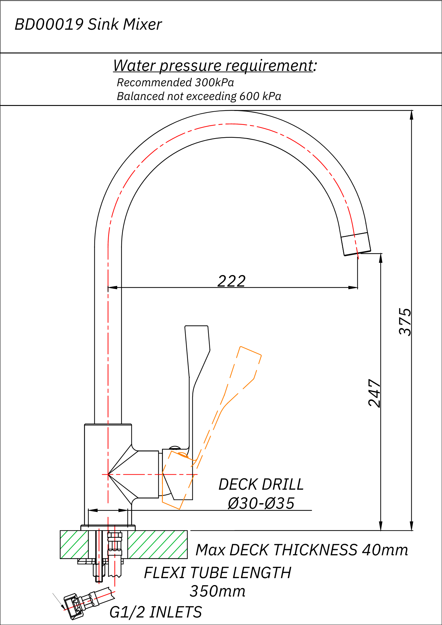 Bore Elbow Action Single Hole Sink Mixer